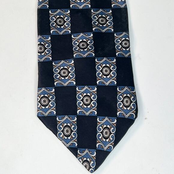 Elizabeth Nell Geometric Print Mens Neck Tie Black Blue 100% Silk Made in USA - Picture 2 of 7